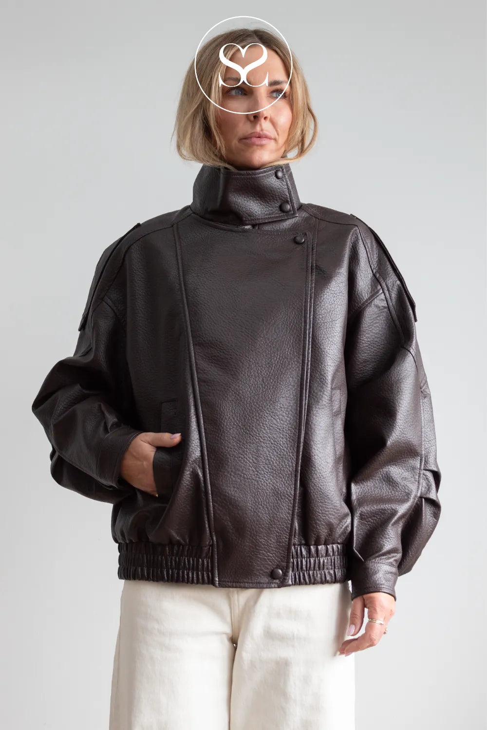 Chocolate Brown Funnel Neck Leather Jacket -CV2200
