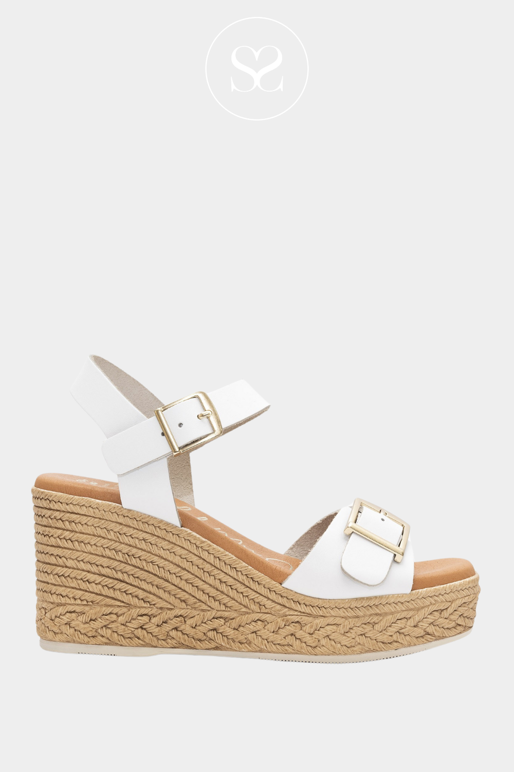 OH MY SANDALS 5726 WHITE LEATHER BUCKLE WEDGE SANDALS