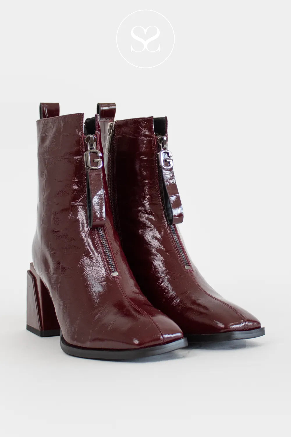 LORETTA VITALE WINE PATENT CROC EFFECT BLOCK HEEL ANKLE BOOTS C9659 FOR WOMEN WITH LEATHER INNER LINING AND SQUARE TOE
