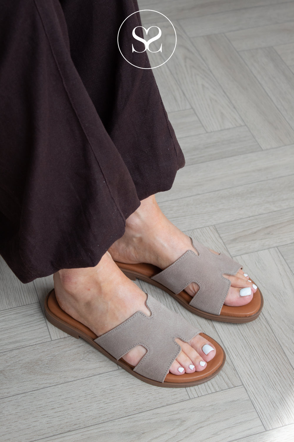 Oh My Sandals Taupe Suede Slider Sandals 5858 for Women in Ireland