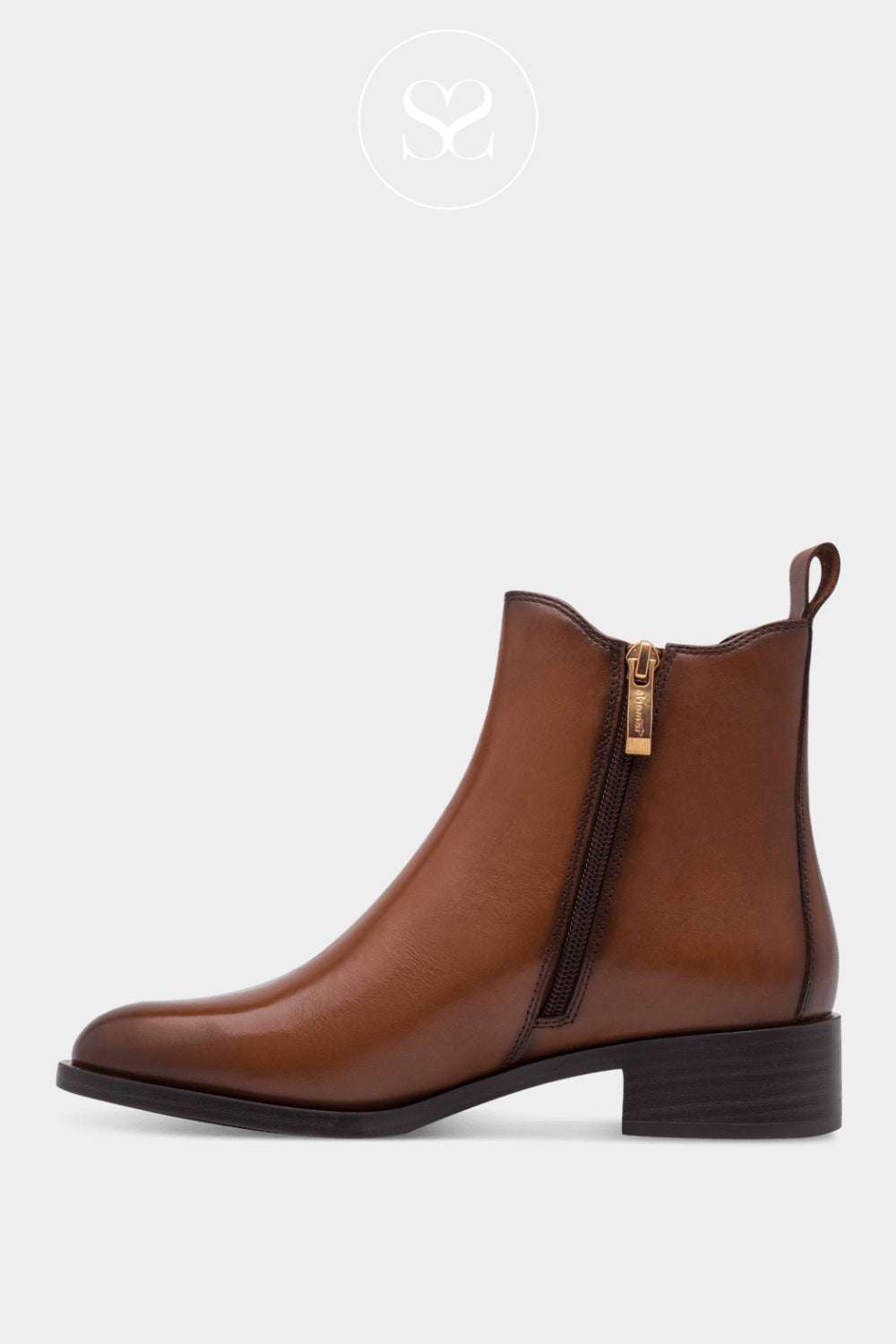 Brown leather ankle boot with a gold zipper and a low 3.5cm heel for Women in Ireland