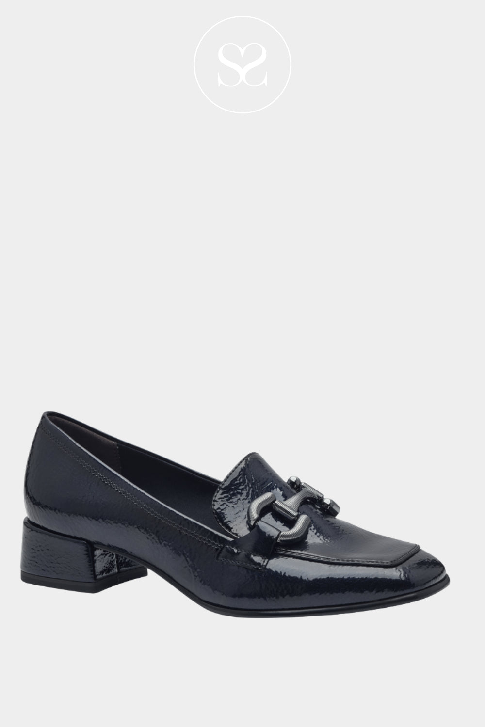 Navy patent shoes for women with low block heel and dark silver buckle detail. Tamaris navy shoes