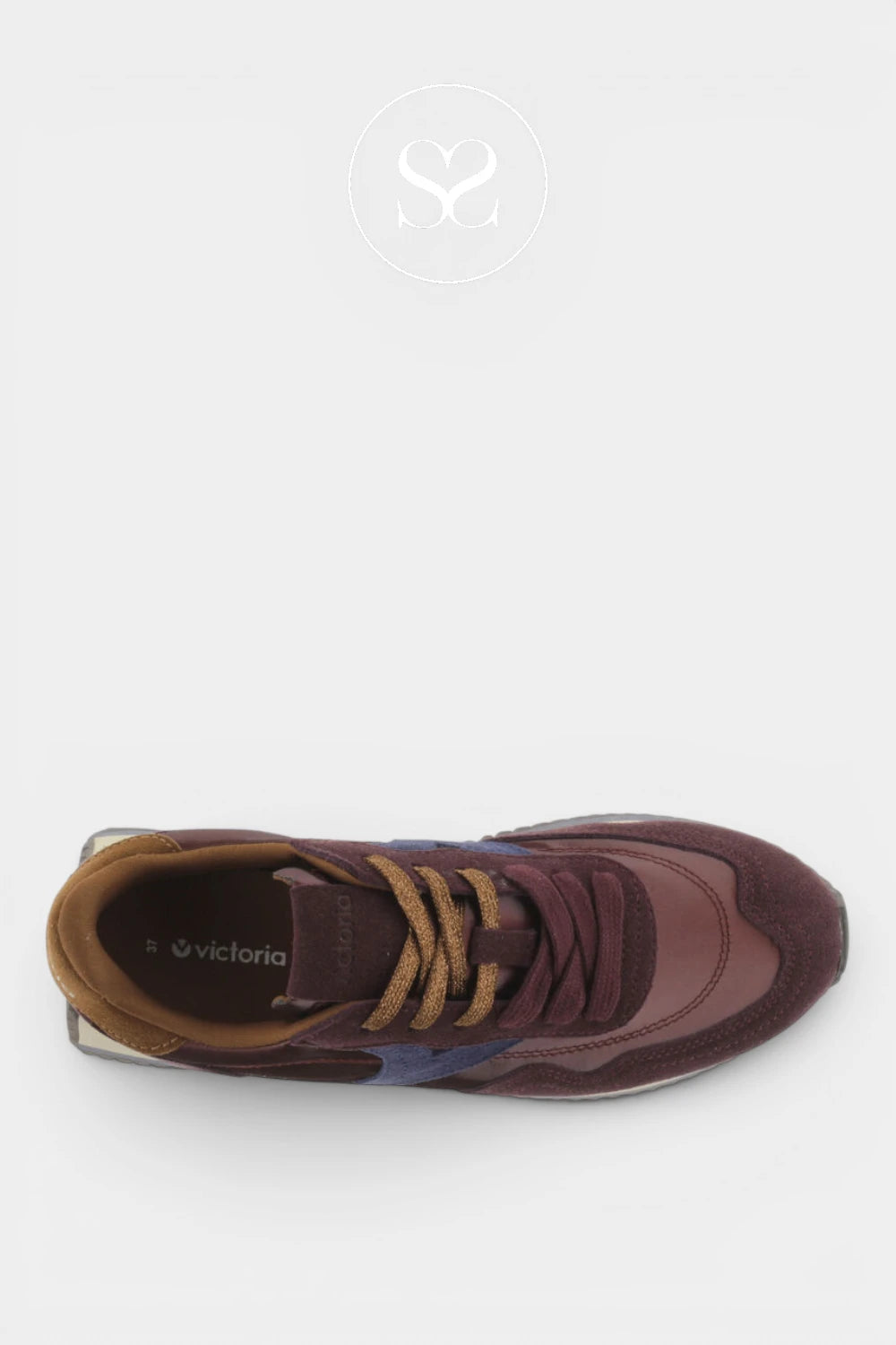 A single Victoria brand sneaker shown from a top-down view against a light gray background. The shoe features a dark burgundy and brown suede and mesh upper, tan laces, and a blue accent panel on the side.