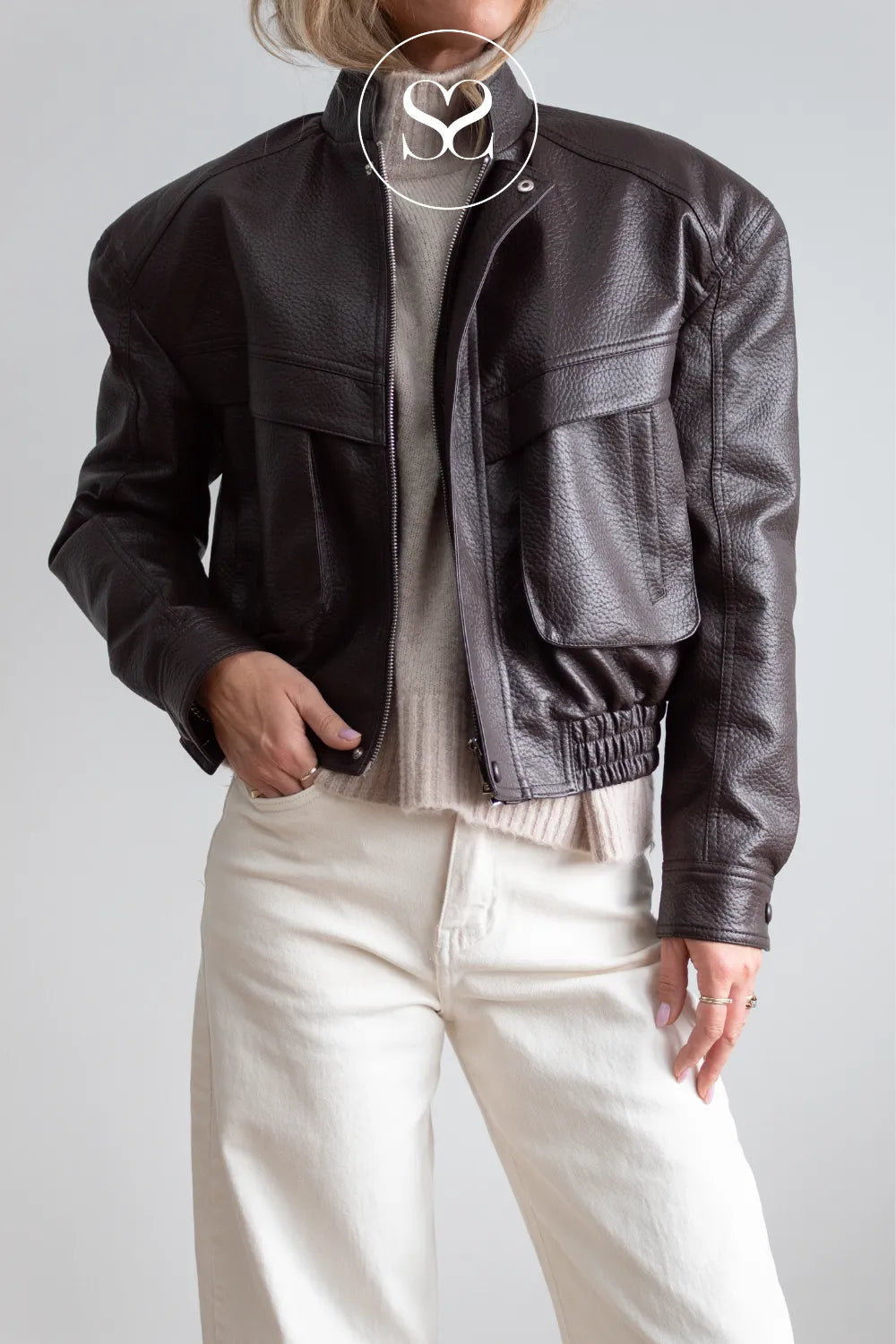 Chocolate Brown Cropped Leather Jacket - CV2202