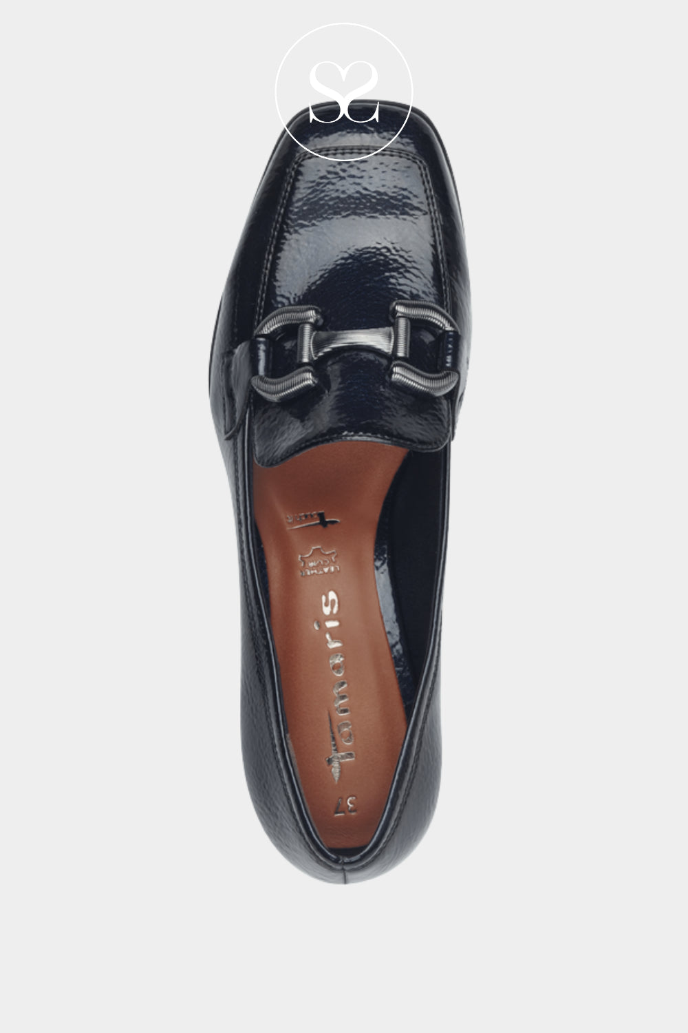 Comfortable navy patent shoes with low block heel, squared toe and silver buckle from Tamaris 