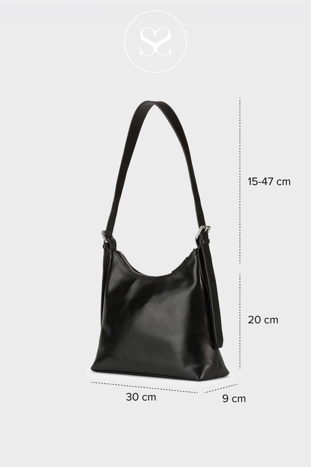 Black handbag with dimensions indicated 