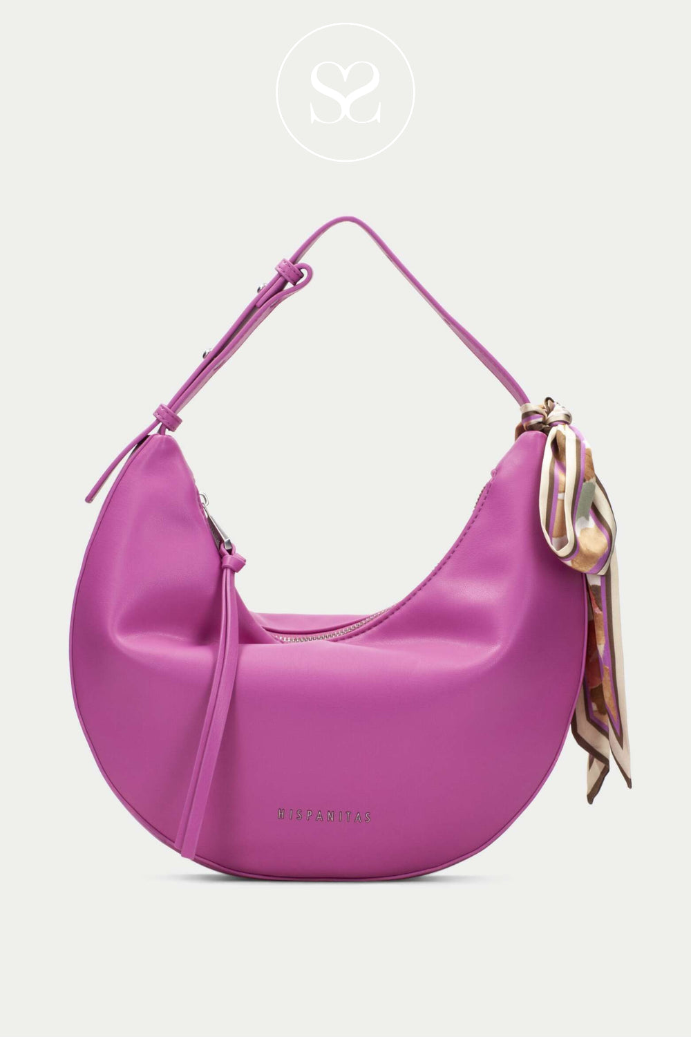 Hispanitas bright pink leather shoulder bag. Satchel style bag with shoulder strap, zip and multi coloured scarf attachment.