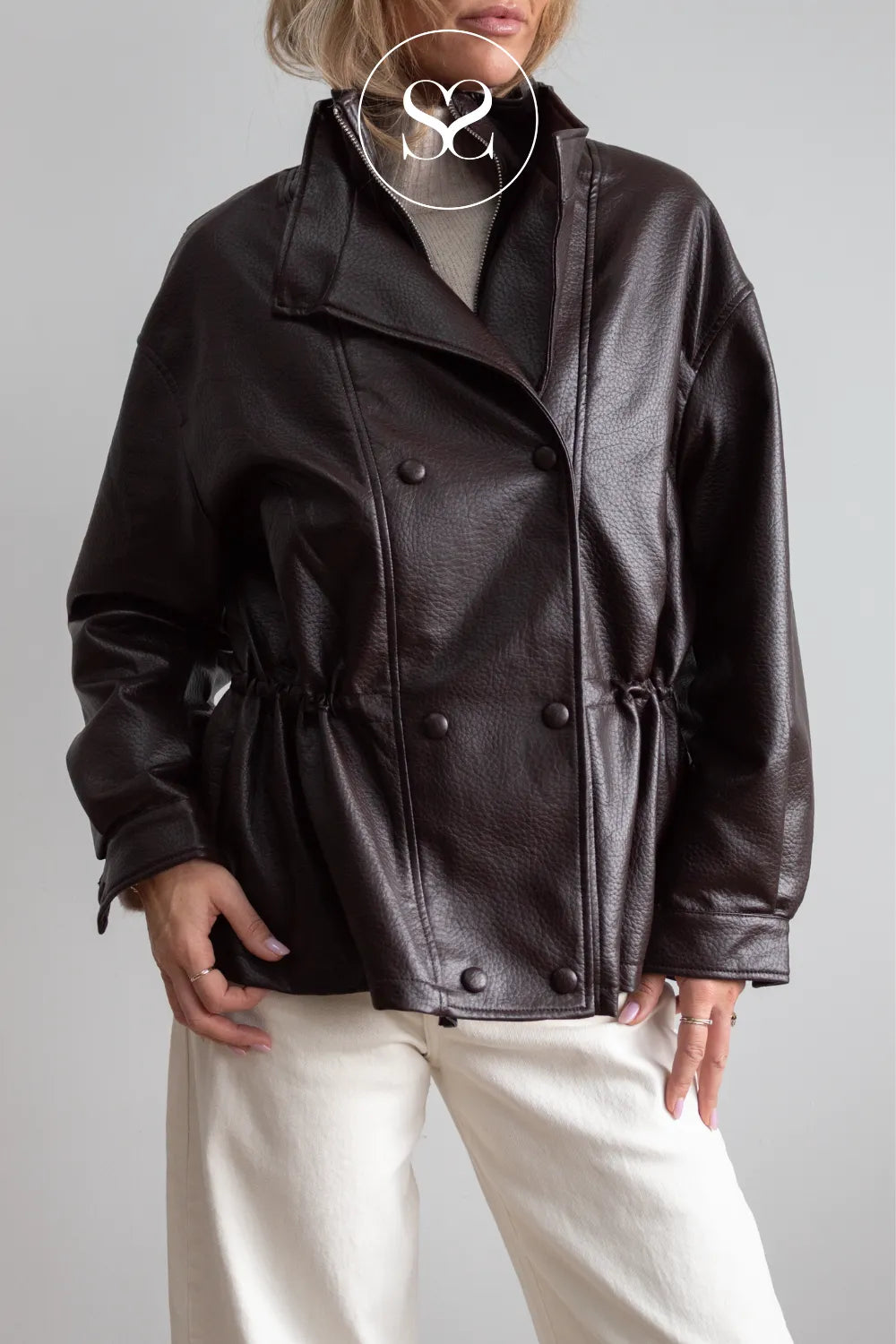Chocolate Brown Double Breasted Leather Jacket - CV2213