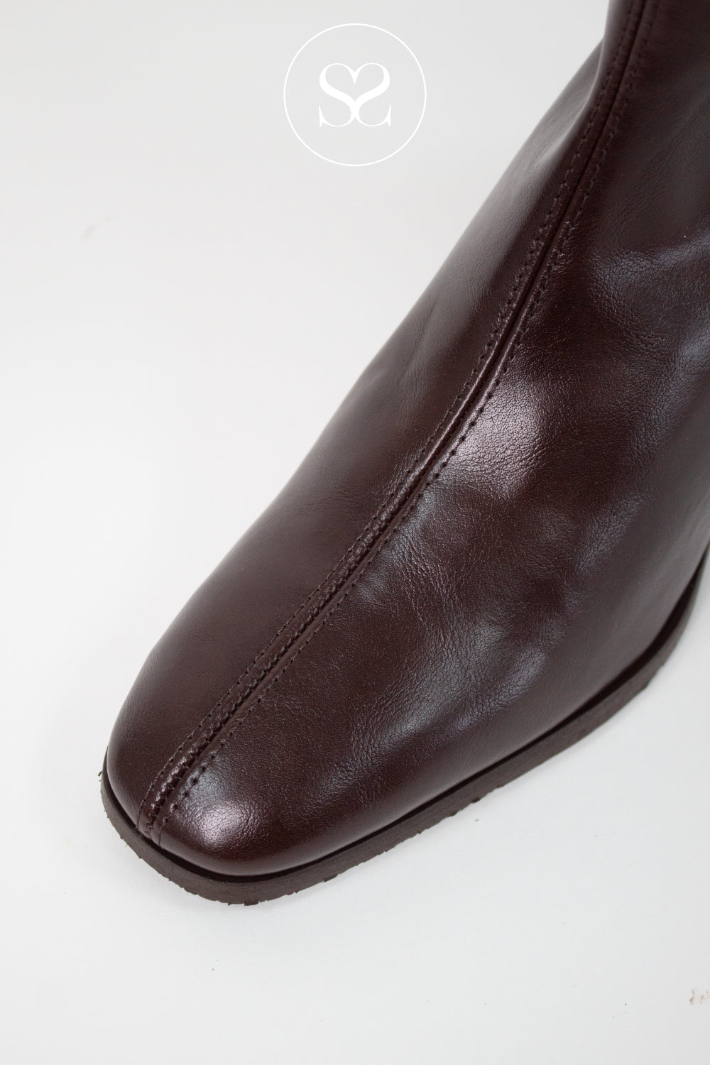 A close-up shot of a dark brown leather boot, showing the toe and side profile against a clean white background with a faint watermark logo at the top.