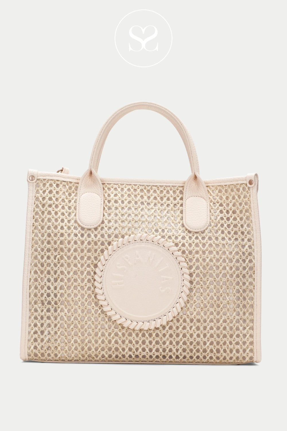 Hispanitas cream shopper bag with handheld and long crossbody strap. Woven bag. Holiday summer bag. Has zip pocket and internal additional small clutch bag/ wallet.