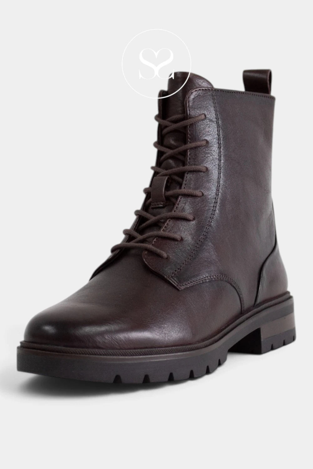 A dark brown leather casual lace-up ankle boot with a chunky lug sole for everyday, shown from a three-quarters angle on a light gray background.