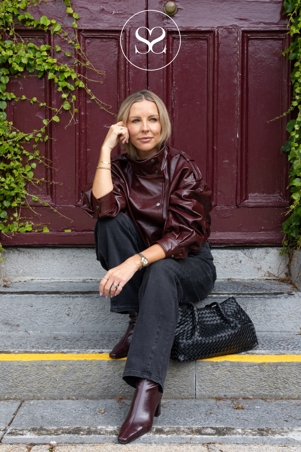 Burgundy Faux Patent Leather with High Collar - CV2212