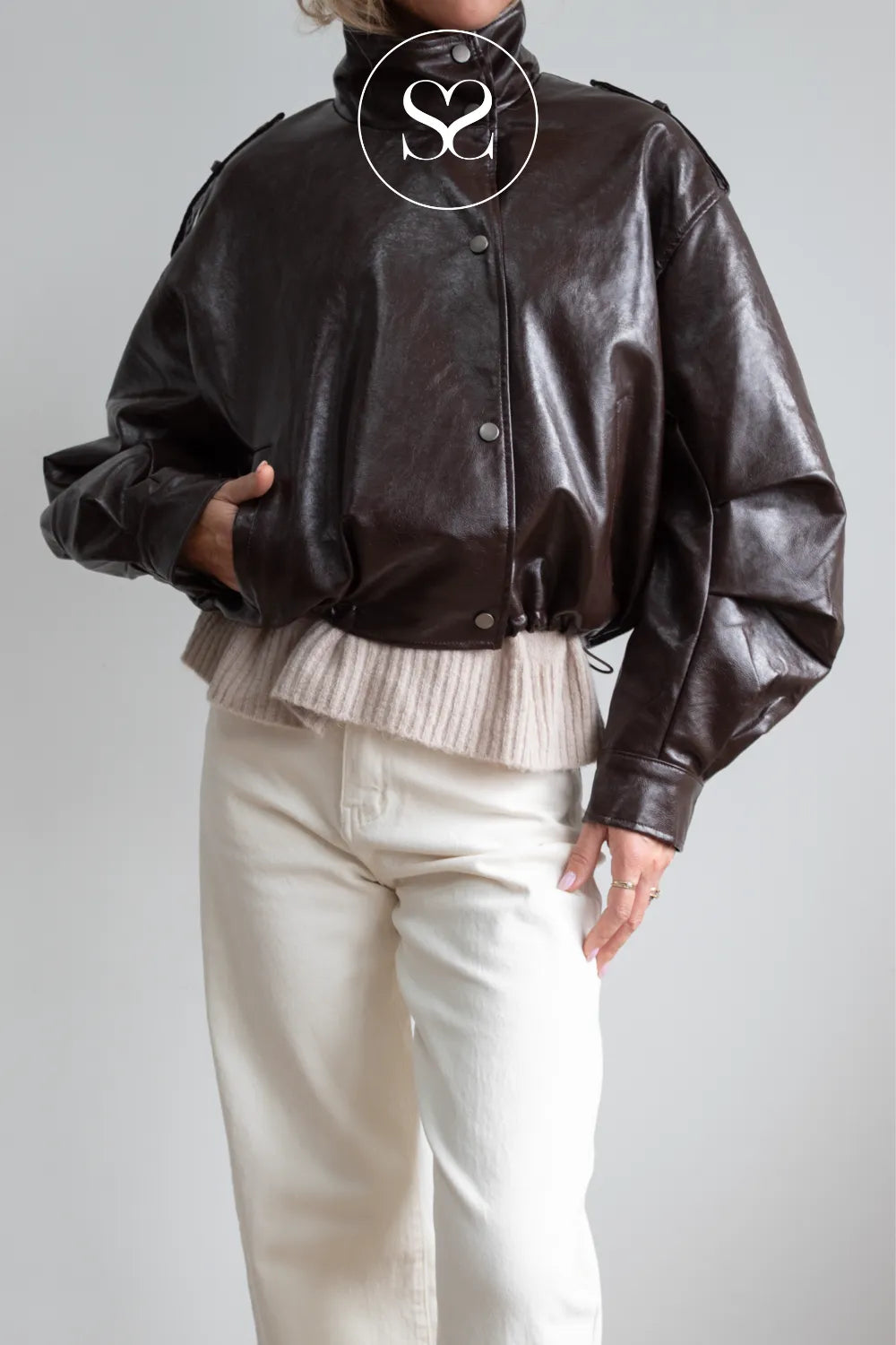 Chocolate Brown Faux Patent Leather with High Collar - CV2212