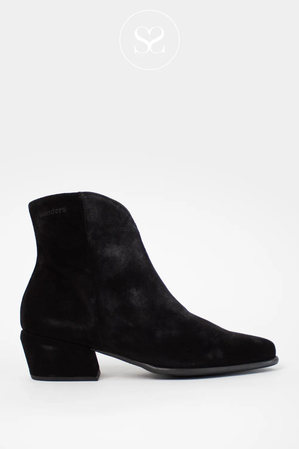 WONDERS BLACK SUEDE POINTED TOE WESTERN STYLE ANKLE BOOTS D-2001 FOR WOMEN WITH BLOCK HEEL AND POINTED TOE AND V CUT DESIGN