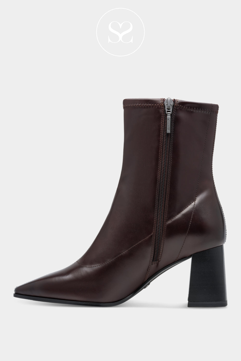Tamaris Mahogany Chocolate Brown Ankle Boots with a Block Heel and Zip closure for Women in Ireland