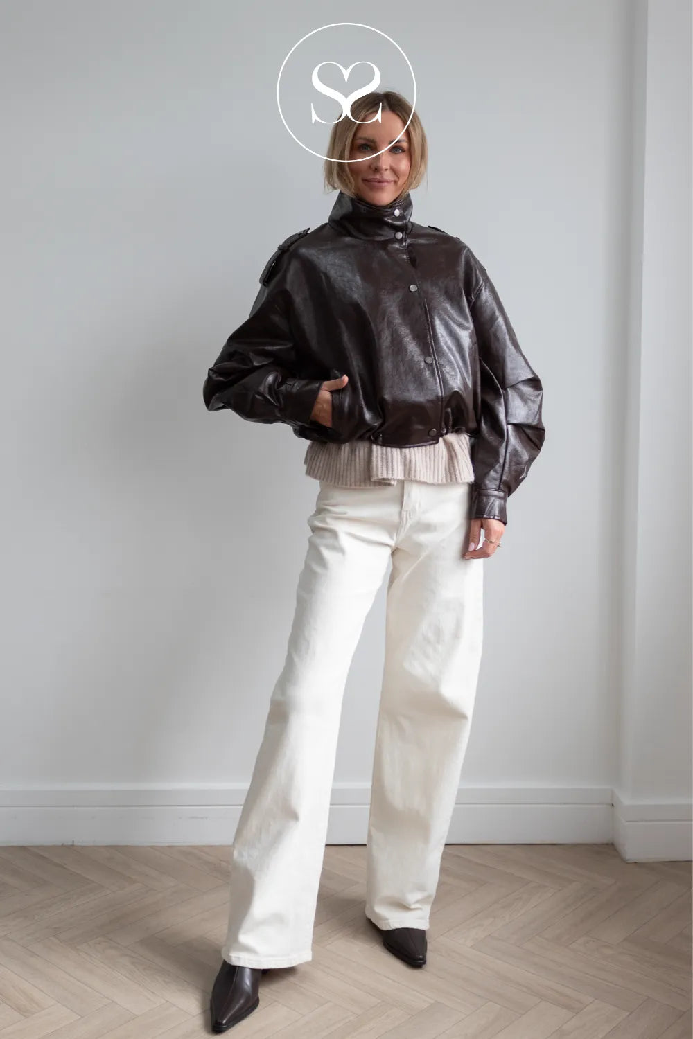 Chocolate Brown Faux Patent Leather with High Collar - CV2212