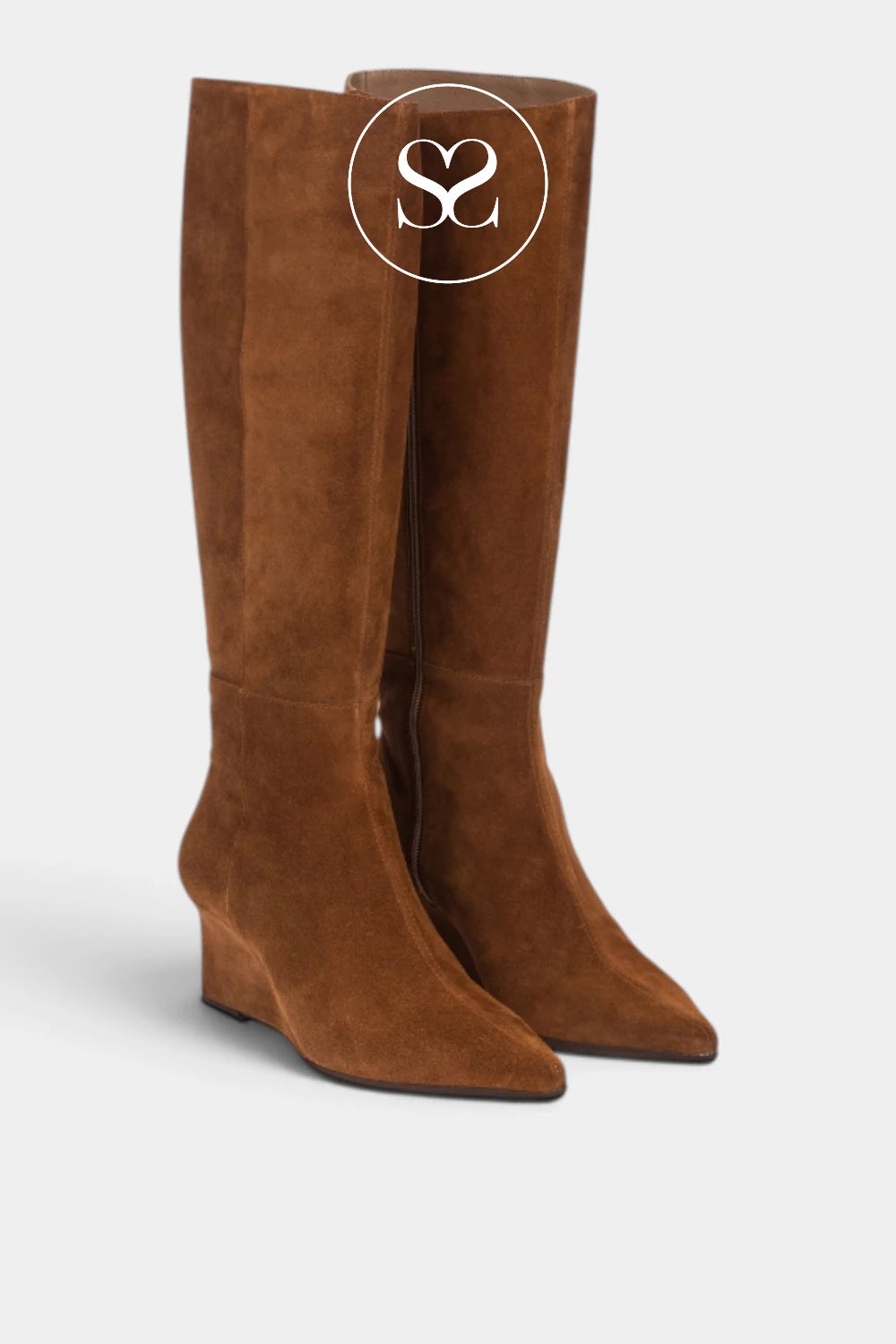 Wonders tan suede knee high wedge boots H-7302, front view of pair