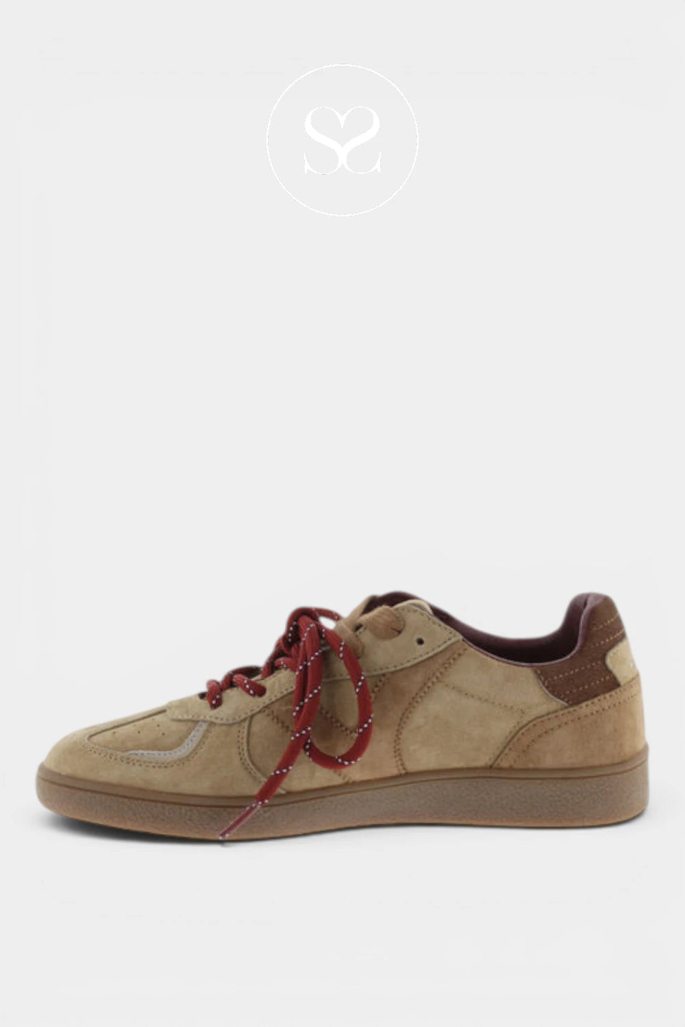 A low-top suede sneaker in tan and brown with dark red laces, shown in a side profile against a light gray background.