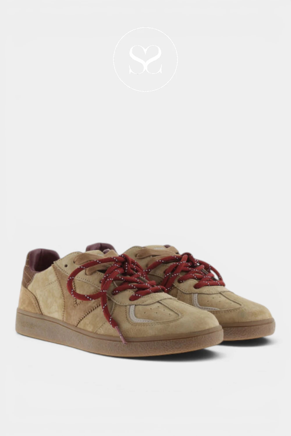 A pair of low-top sneakers in beige suede with dark red laces and a brown gum sole, shown against a light gray background with a faint logo at the top.