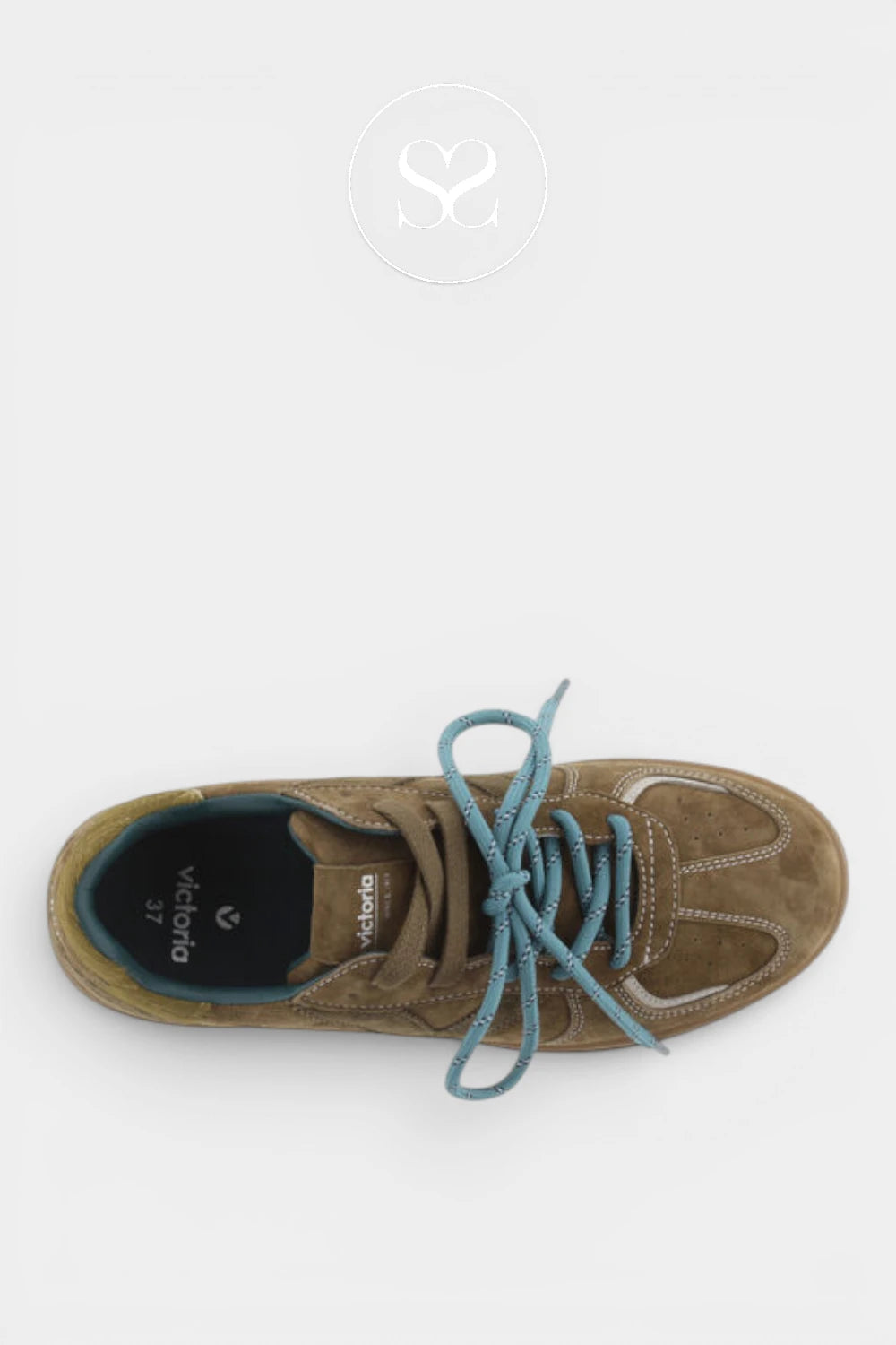 A top-down view of a brown suede sneaker with light blue laces and a black insole, shown on a light gray background.