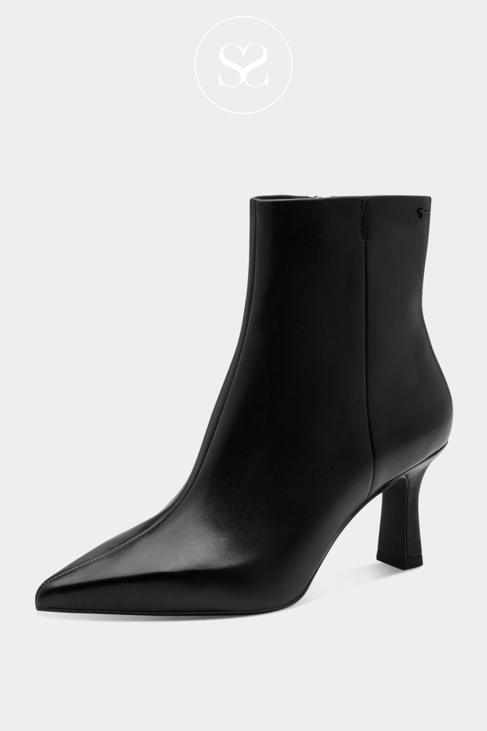 Tamaris black leather stiletto ankle boots have a pointed toe, 75mm stiletto heel, inside zip fastening, and a 13cm shaft