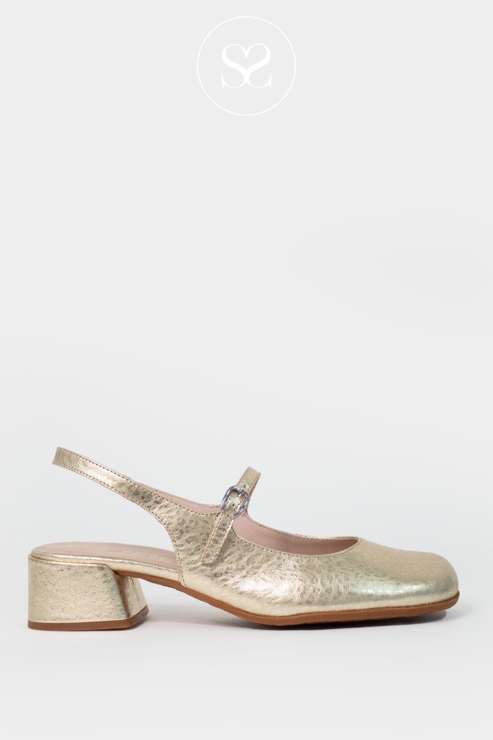 Gold metallic high heel shoe on a white background