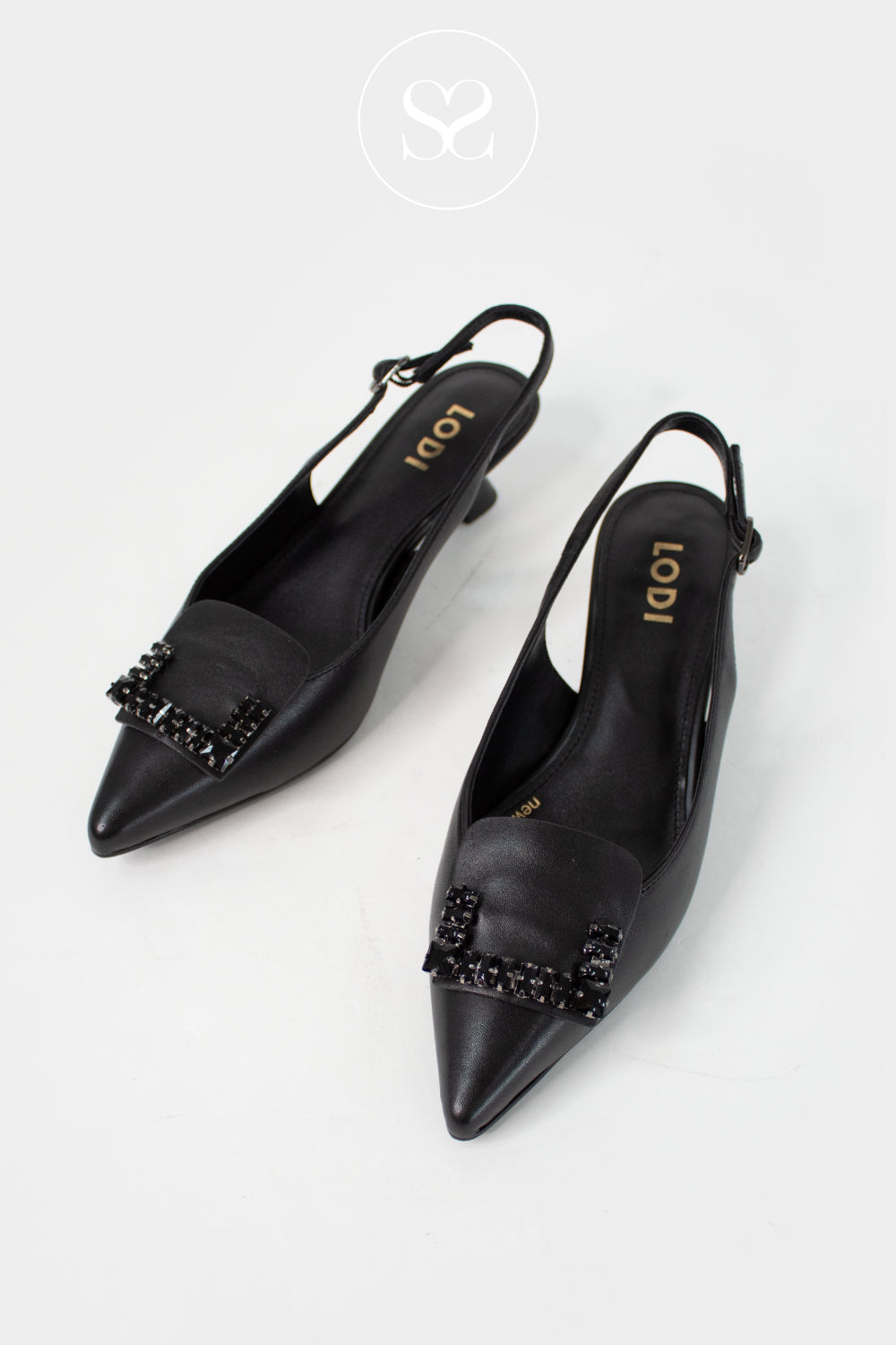 LODI BLACK KITTEN HEEL SHOES WITH SLINGBACK AND JEWL BUCKLE - A-RINO