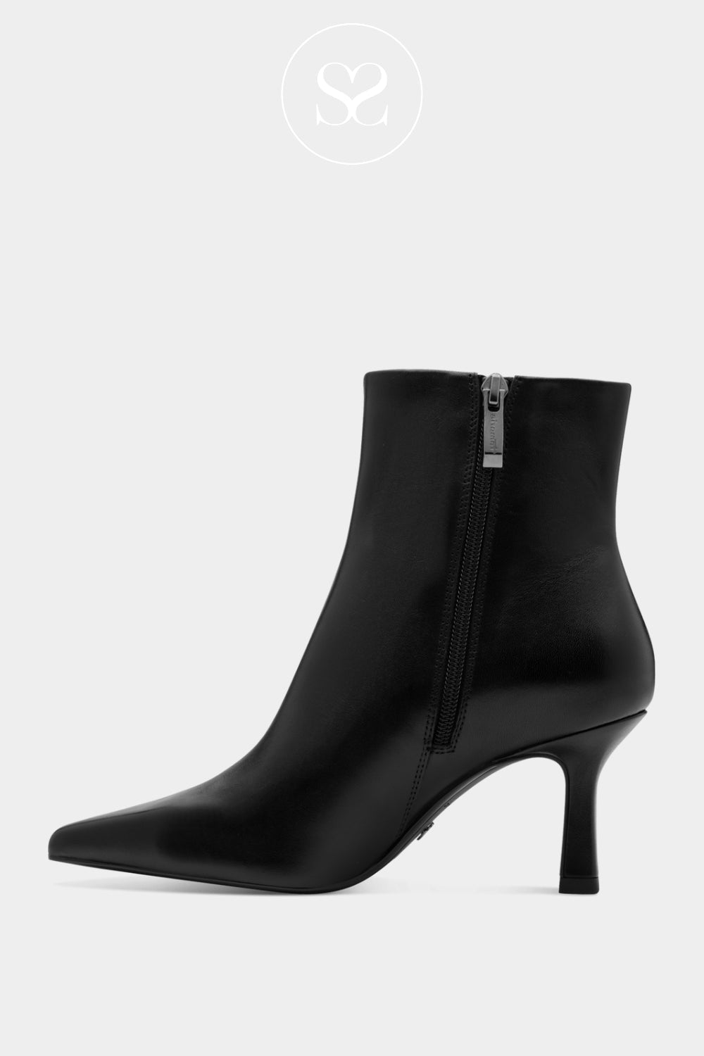 Tamaris black leather stiletto ankle boots have a pointed toe, 75mm stiletto heel, inside zip fastening, and a 13cm shaft