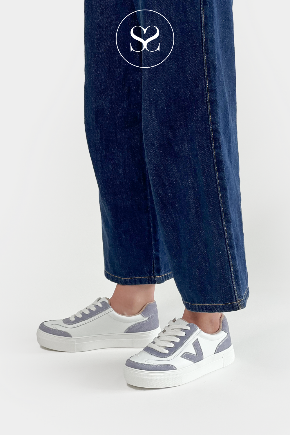 DRILLEYS LILAC (MYSTIC CRYSTAL)  EIGHTY FLATFORM WHITE LACE UP TRAINERS WITH LILAC FAUX  SUEDE DETAILING 