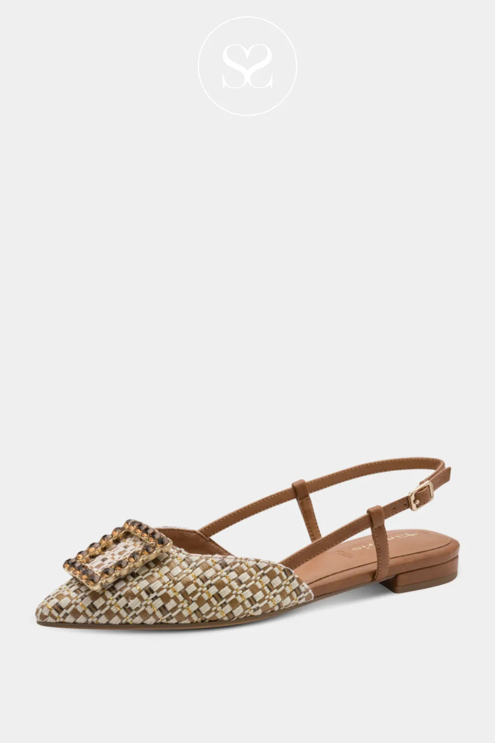 Tamaris Natural Textile Pointed Toe Sling-Back Shoes 1-29403-42 The low pump-style heel adds a hint of lift, making these shoes as comfortable as they are chic