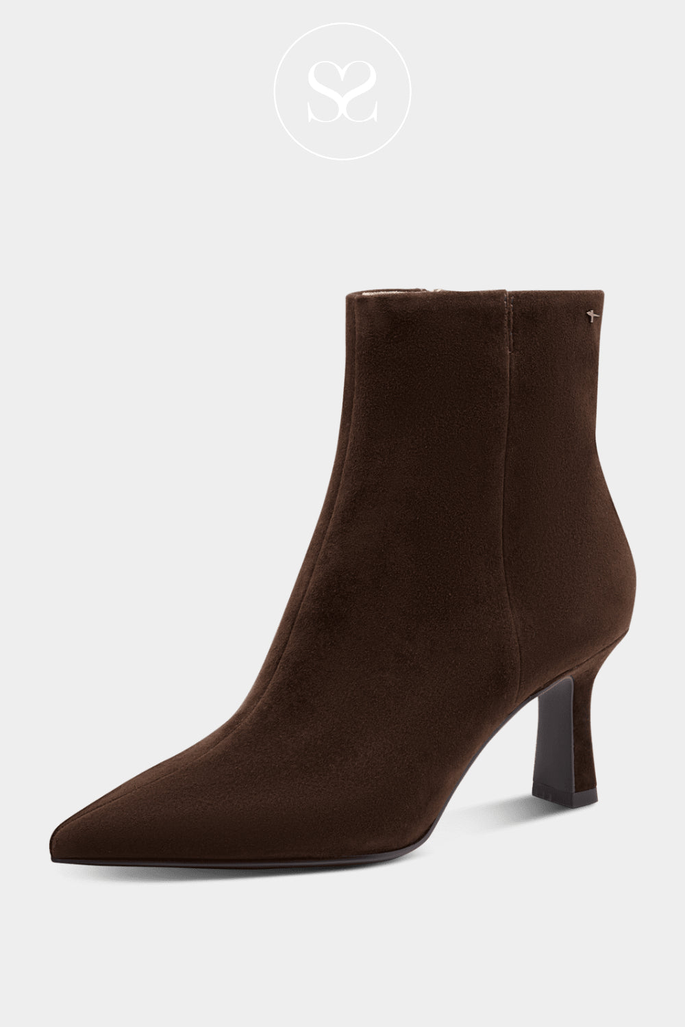  Tamaris chocolate brown suede stiletto ankle boots  with a pointed toe, 75mm stiletto heel, inside zip, and a 13cm shaft