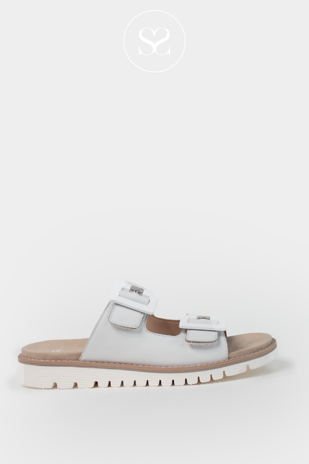 Ara white slip on slider sandals. Slip on, double strap sandals with slight elevation and cushioned sole.