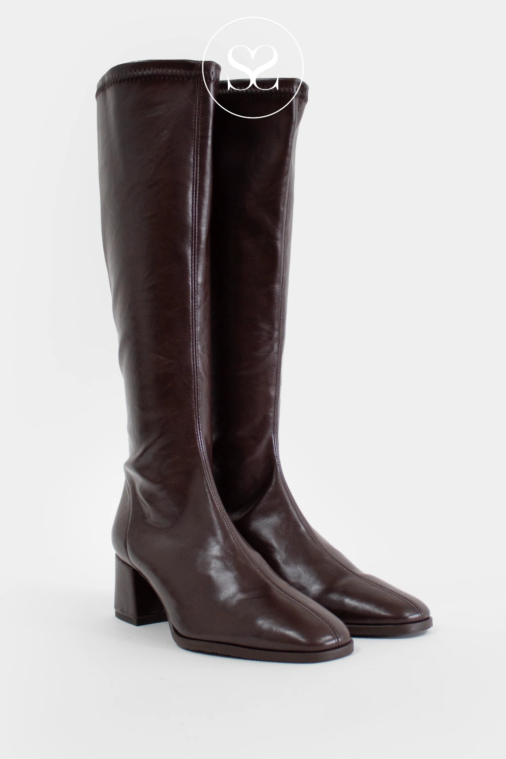 Miss Elastic Brown Faux Leather Knee High Sock Boots - 78331