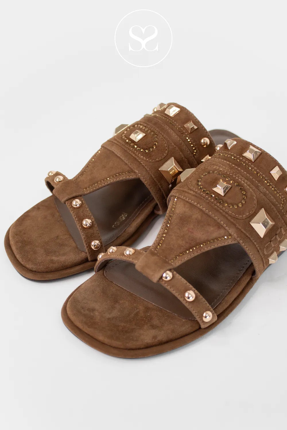 Lodi flat sandals. Brown suede sliders with gold stud embellishment. Dressy gladiator sandals
