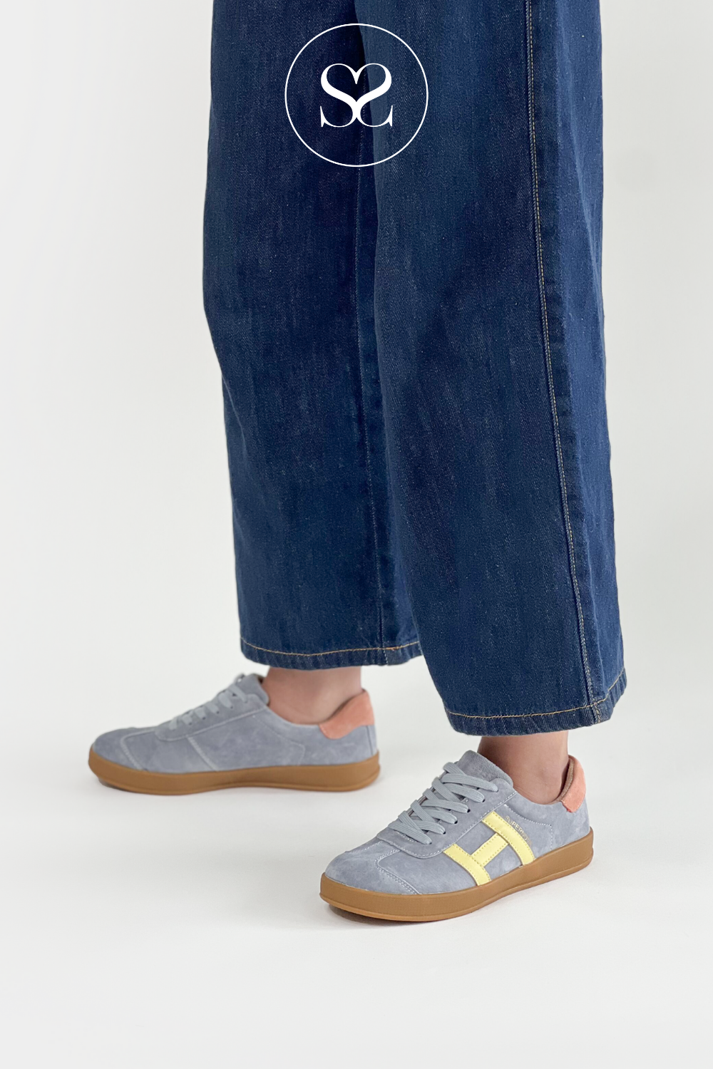 DRILLEYS BLUE (AQUA MELLOW)  SIXTY LOW PROFILE LACE UP TRAINERS WITH SUPER SOFT INSIDE LINING AND REMOVABLE INSOLE, YELLOW LOGO DETAILING AND FLEXIBLE GUM SOLE