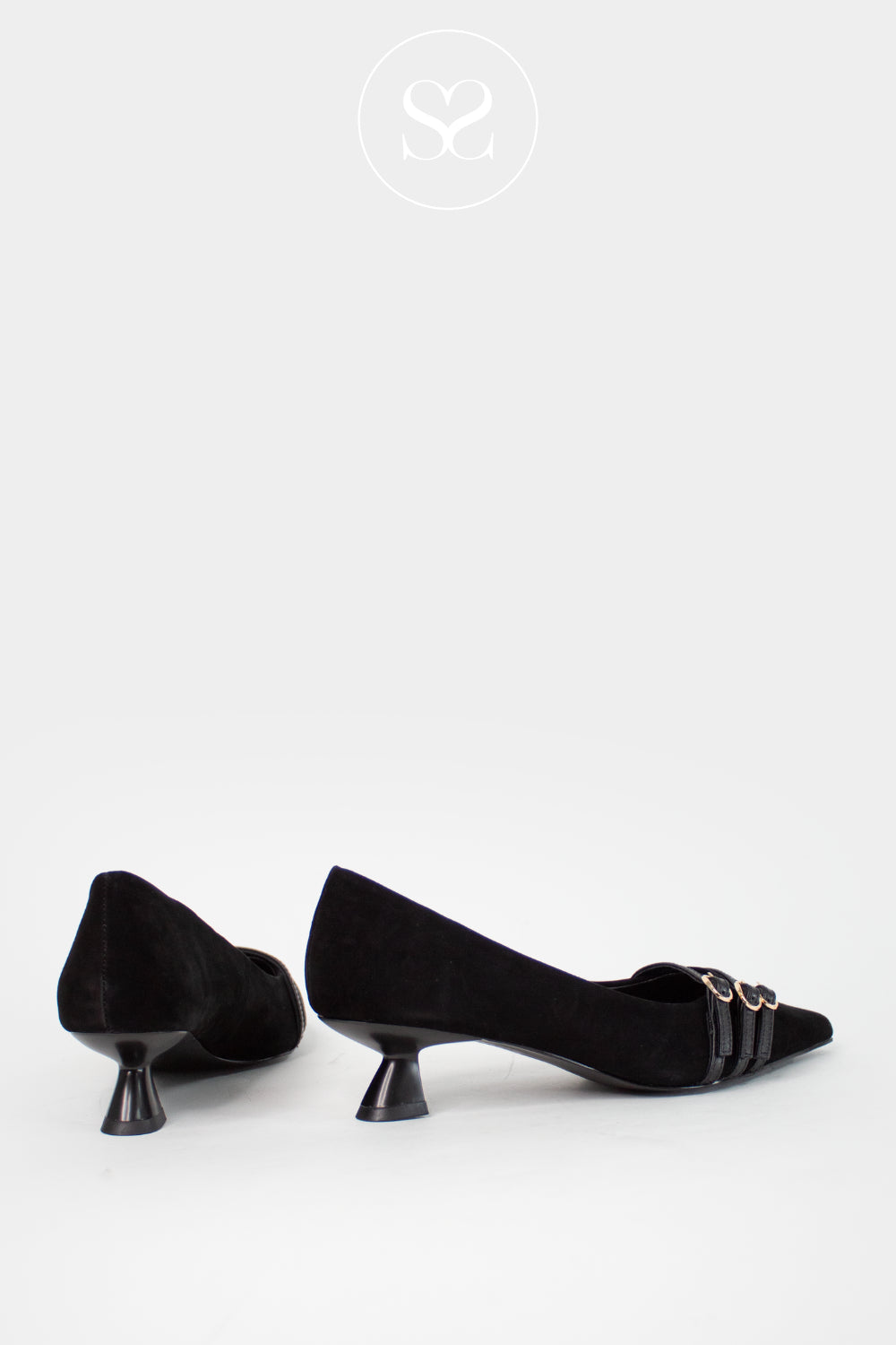 LODI BLACK POINTED TOE FLARED KITTEN HEEL SHOES ROMA