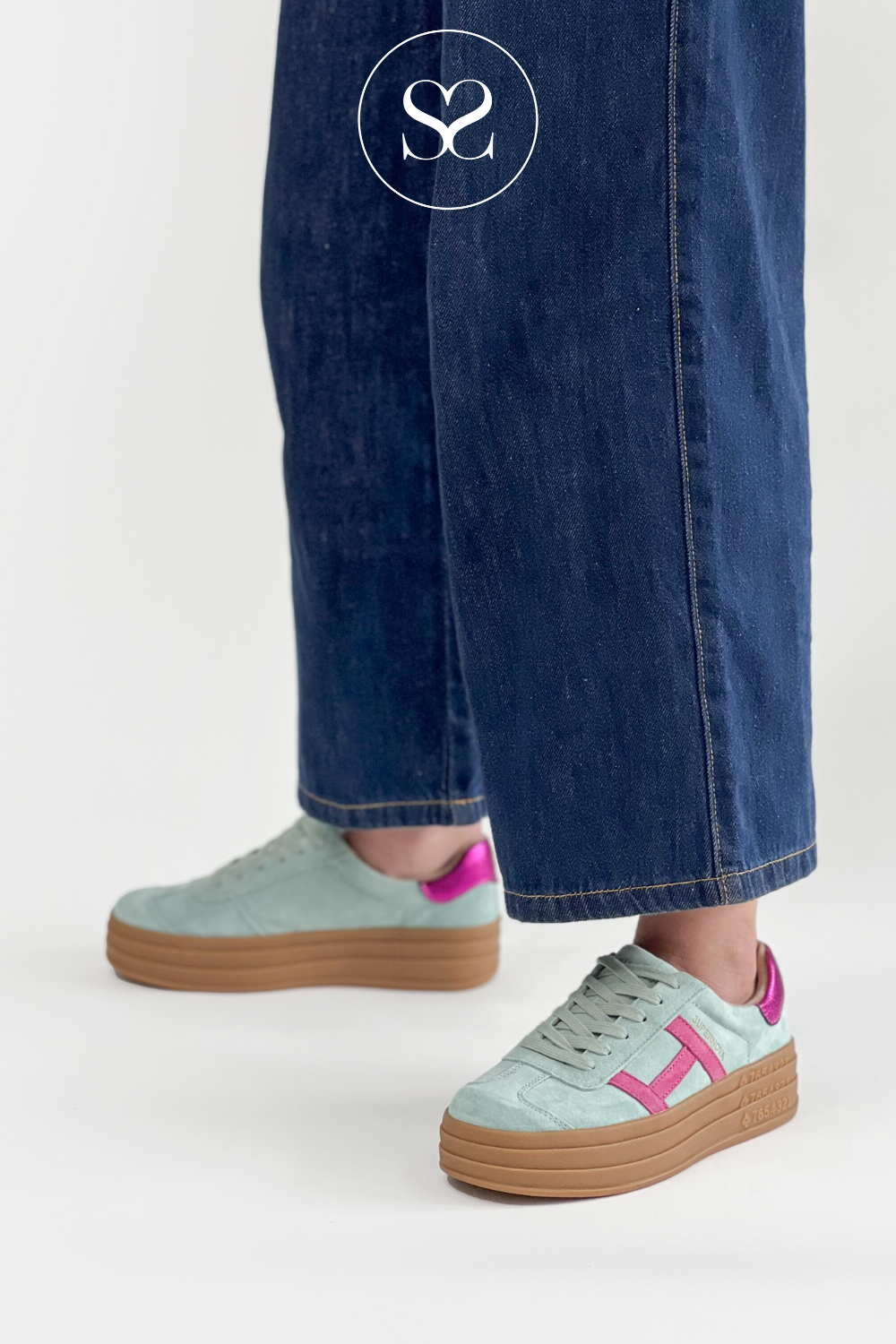 DRILLEYS AQUA (SEA GREEN TECH) CHUNKY FLATFORM TRAINERS SIXTY EIGHT LIGHTWEIGHT STYLISH SNEAKERS WITH SOFT INSIDE LINING FOR A COZY FIT AND PINK LOGO DETAIL 