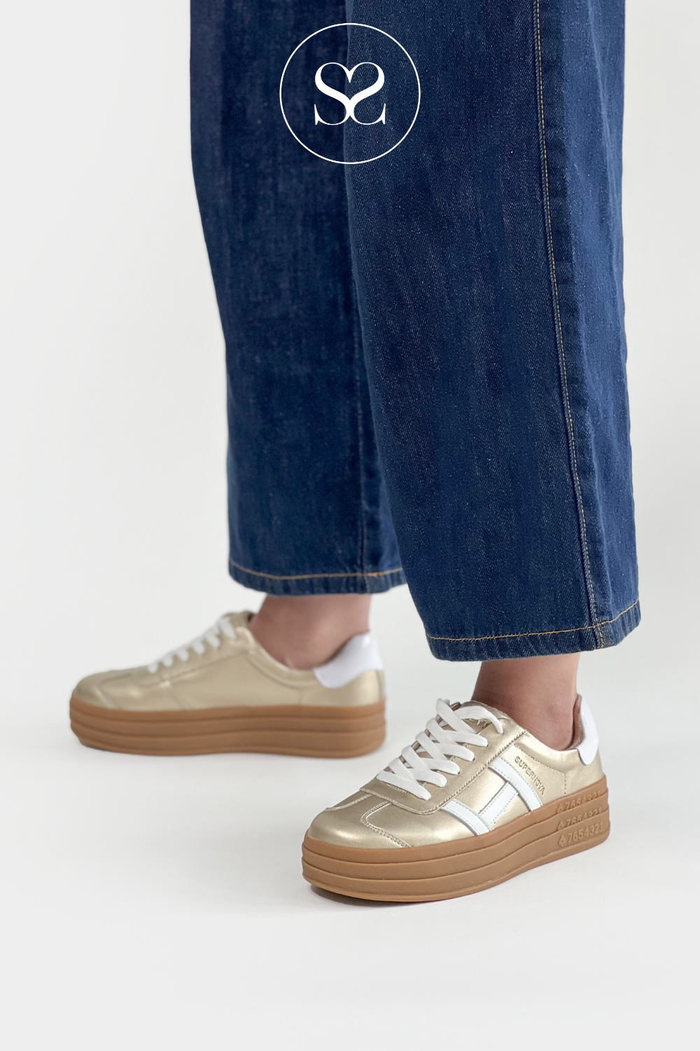 DRILLEYS GOLD (GOLDEN BLISS) SIXTY EIGHT METALLIC CHUNKY SOLE FLATFORM LACE UP TRAINERS WITH SOFT INSIDE LINING FOR A COZY AND SNUG FIT AND REMOVABLE INSOLE
