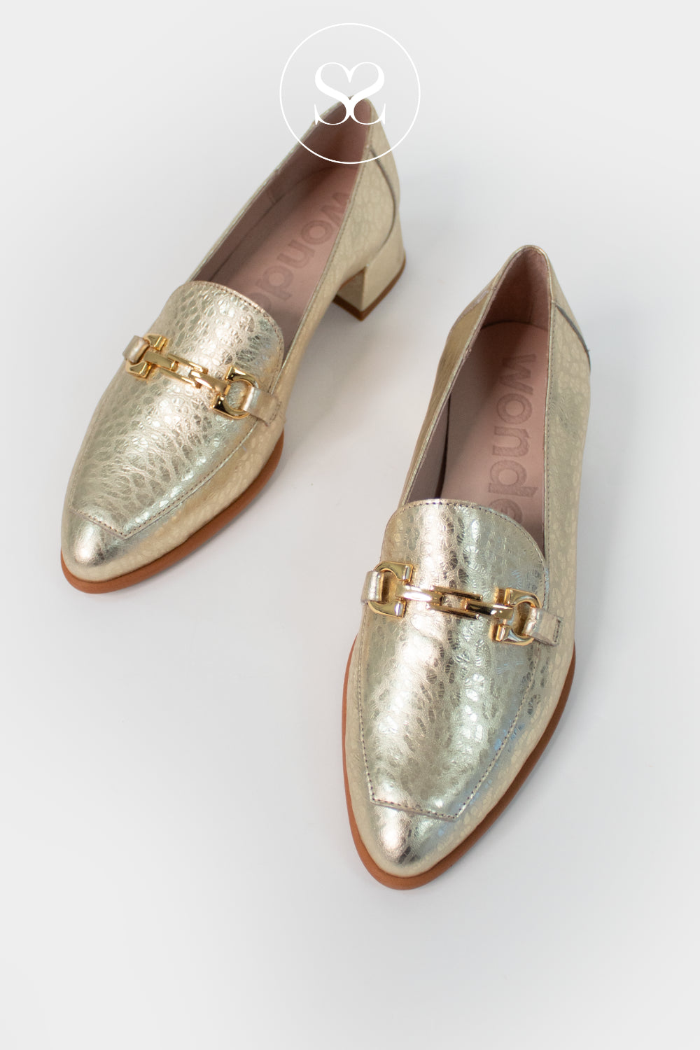 Comfortable Gold Leather Block Heeled Loafers with pointed toe from Wonders C-6030