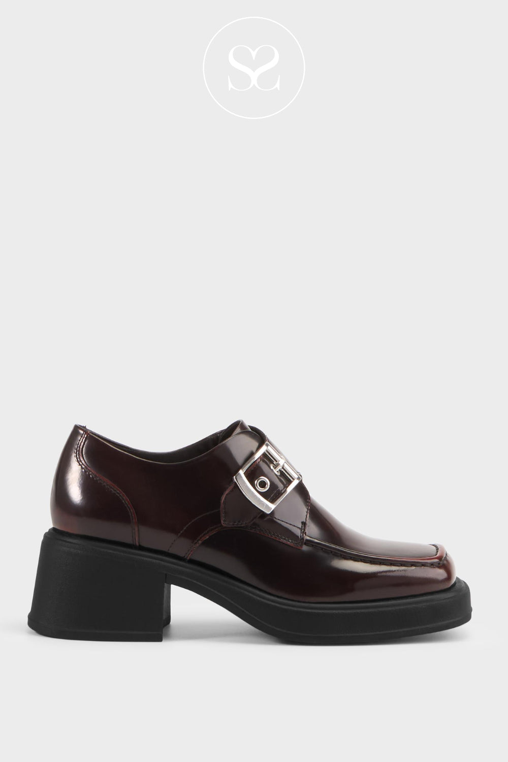 VAGABOND DORAH - COMFORTABLE BLOCK HEEL SHOES FOR WOMEN WITH BUCKLE AND BURGANDY HIGH SHINE LEATHER