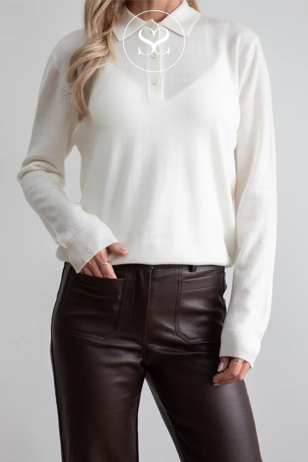 Cream Merino Wool Long Sleeve Polo - ME202616L