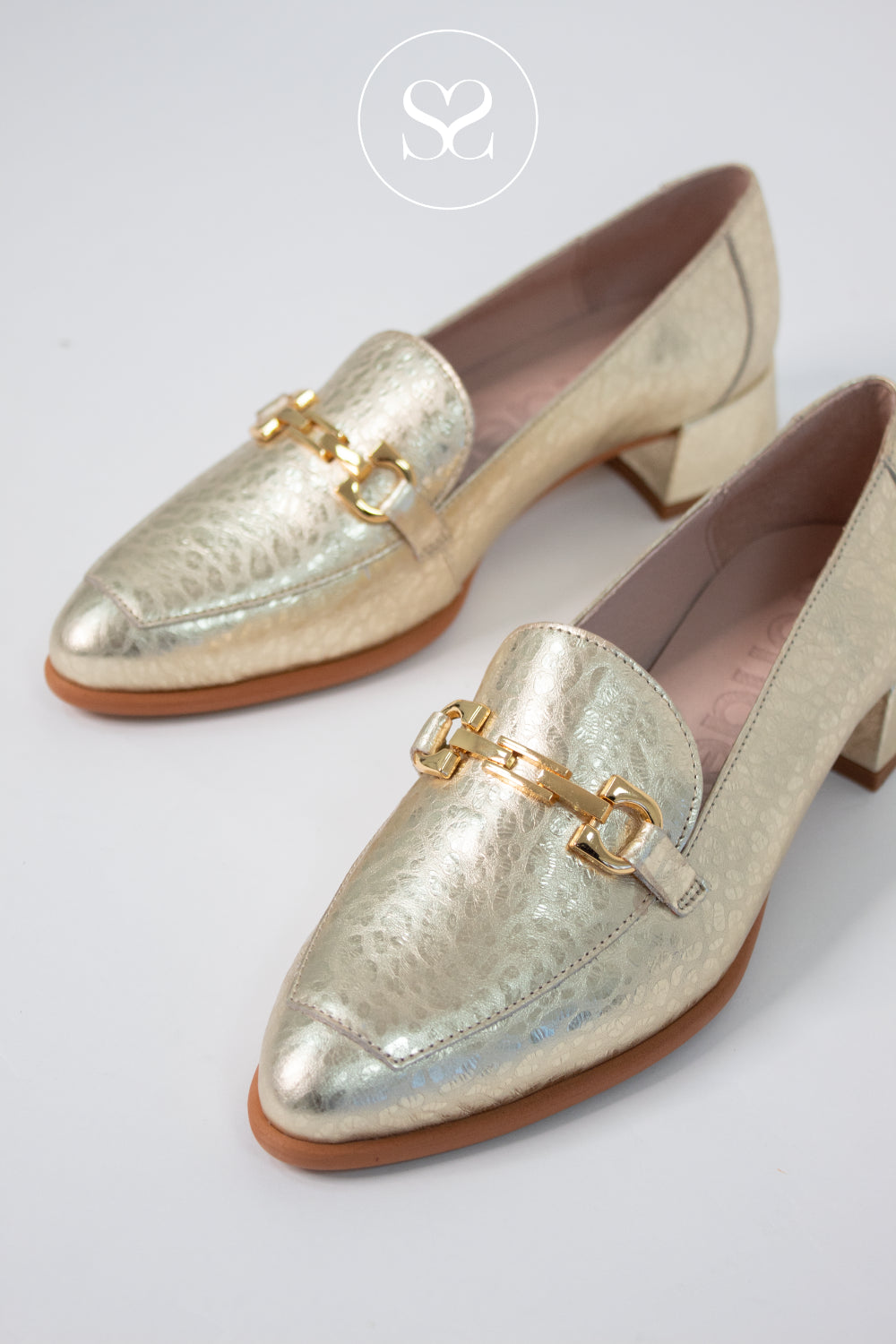 Wonders Metallic Gold Block Heeled Loafers C-6030