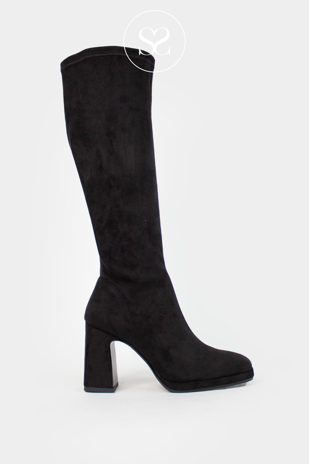 LODI BLACK SUEDE PLATFORM BLOCK HEEL KNEE HIGH BOOTS LIMBO