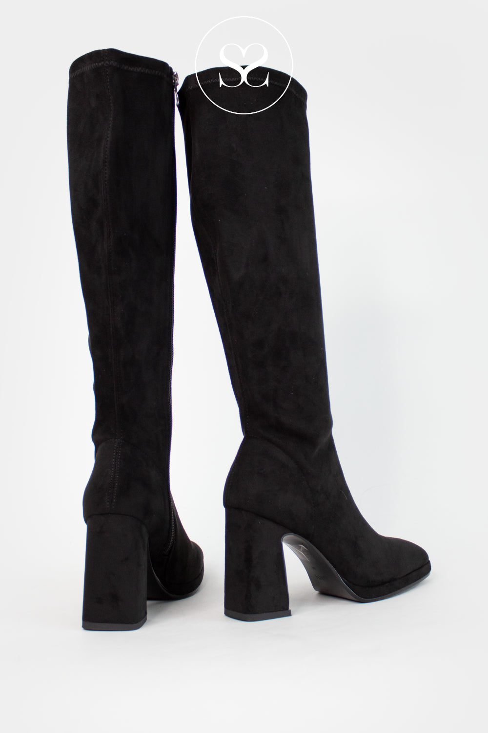LODI BLACK SUEDE PLATFORM BLOCK HEEL KNEE HIGH BOOTS LIMBO