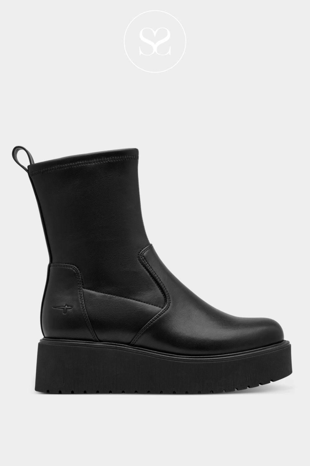 Tamaris Black Vegan Leather Platform Sock Boots — 1-25497
