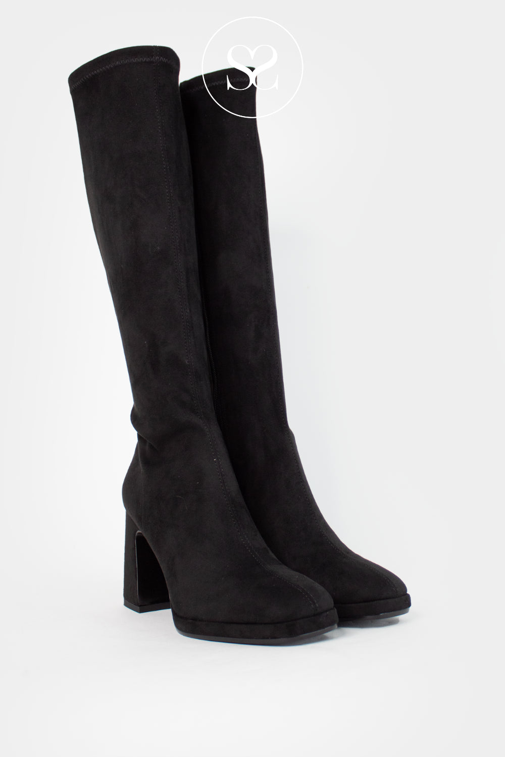 LODI BLACK SUEDE PLATFORM BLOCK HEEL KNEE HIGH BOOTS LIMBO
