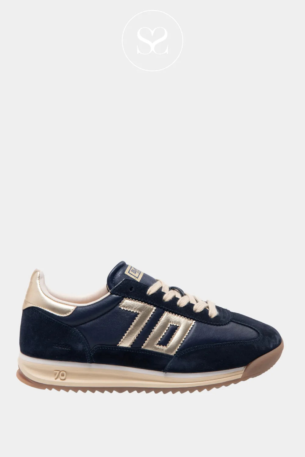 BACK70 NAVY LEATHER RETRO TRAINERS JOGGER FOR WOMEN WITH NAVY LEATHER AND NAVY SUEDE DETAILS AND WHITE '70' LOGO