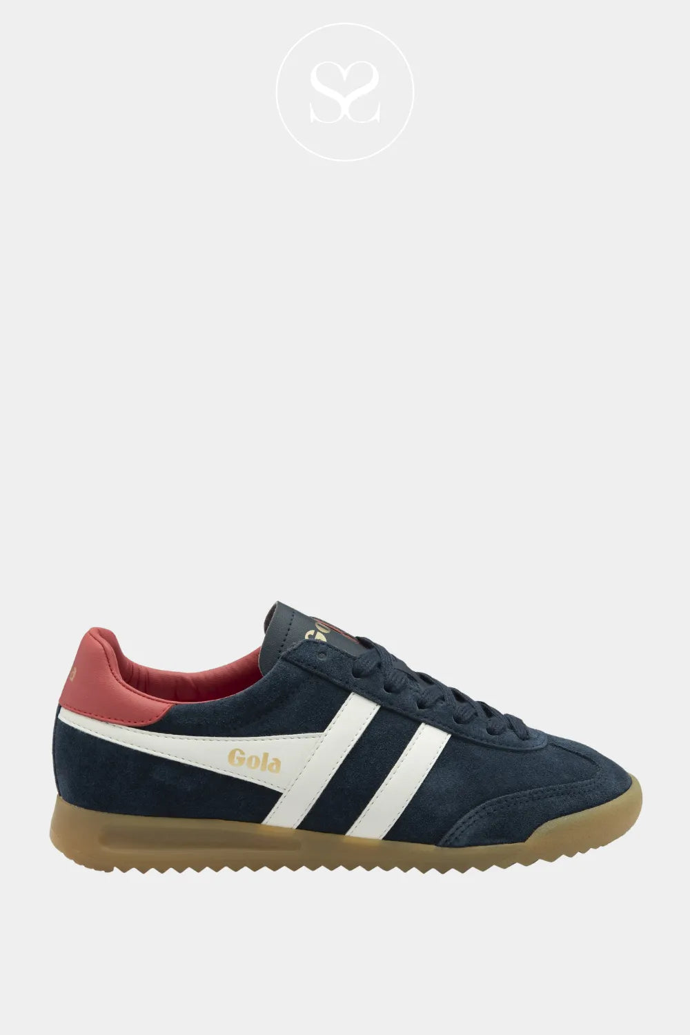 GOLA TORPEDO NAVY SUEDE LOW PROFILE GUM SOLE TRAINERS FOR WOMEN WITH WHITE AND PINK DETAILS