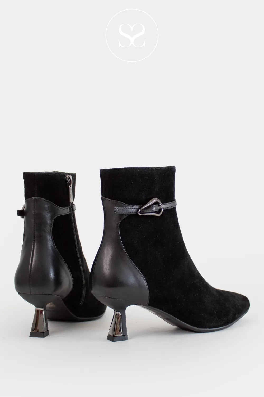 LORETTA VITALE BLACK SUEDE/PATENT POINTED TOE DRESS BOOTS C4608 FOR WOMEN WITH INSIDE ZIP FASTENING AND METAL BUCKLE DETAIL