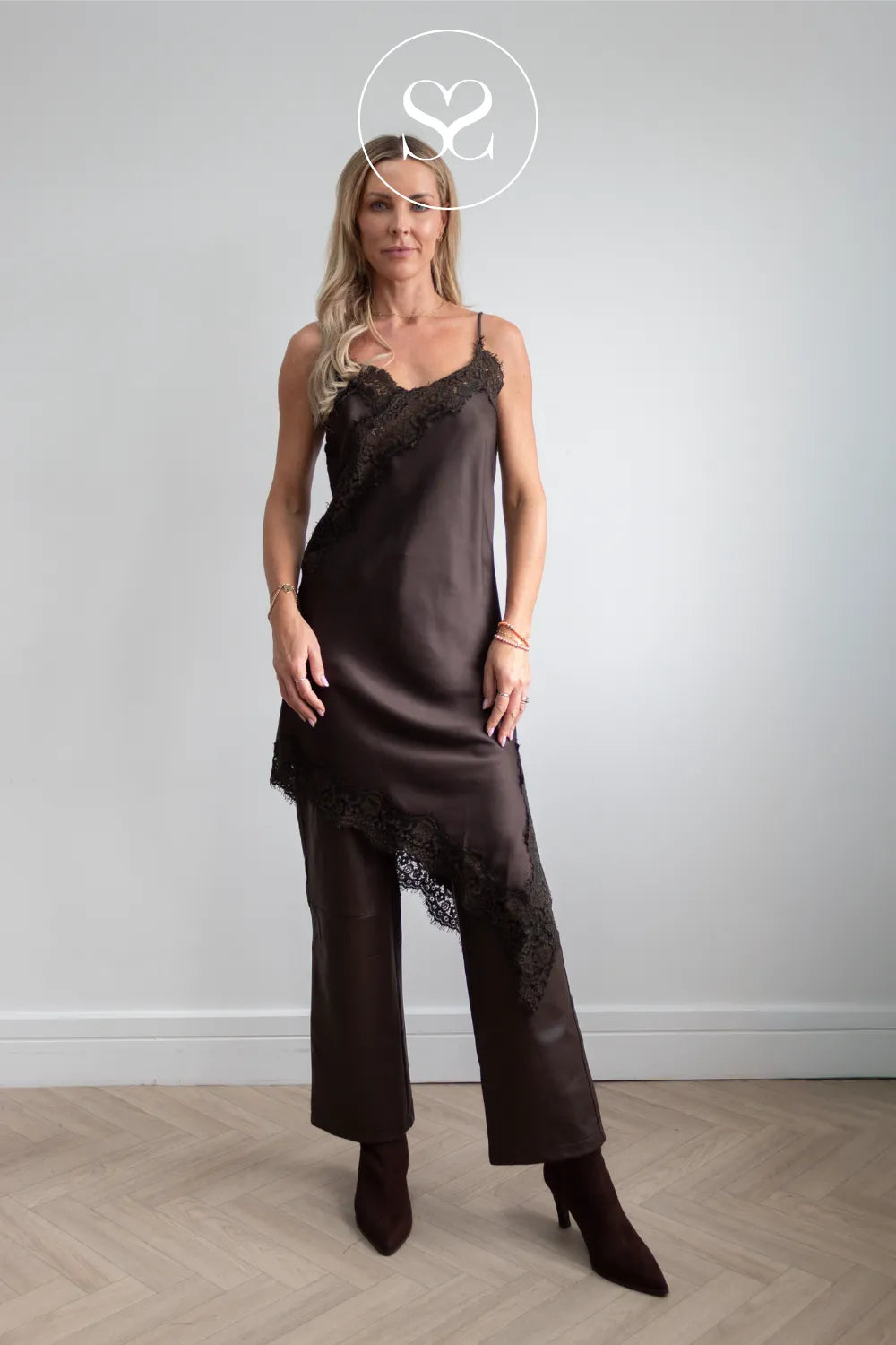 Brown Asymmetrical Satin Dress - 9218